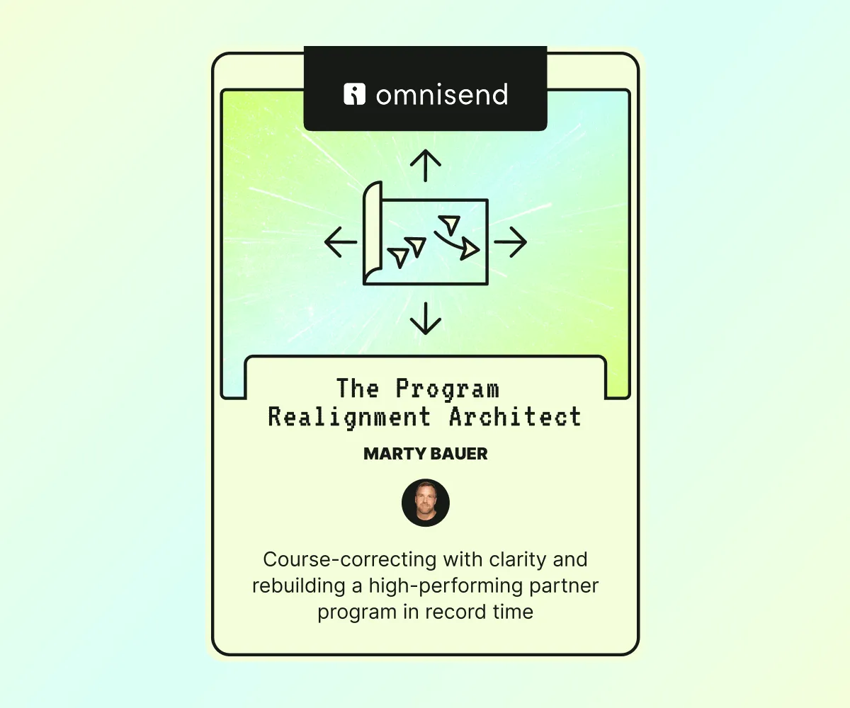 Card depicting Marty Bauer of Omnisend as The Program Realignment Architect