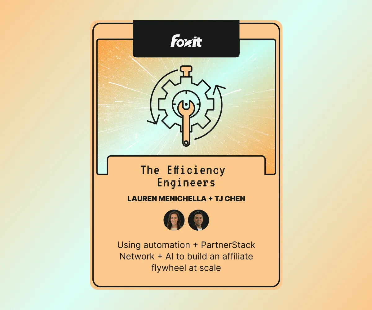 Card depicting Lauren Menichella and TJ Chen of Fox as The Efficiency Engineers