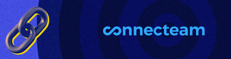 Connecteam logo on blue background with chain link graphic