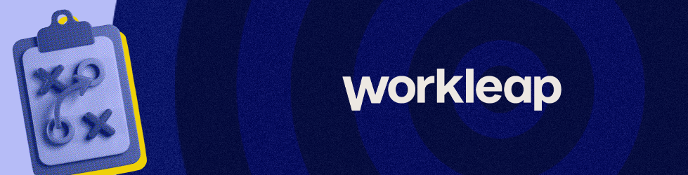 Workleap logo on blue background with graphic of clipboard showing plays