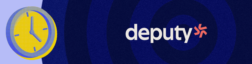 Deputy logo on blue background with clock graphic