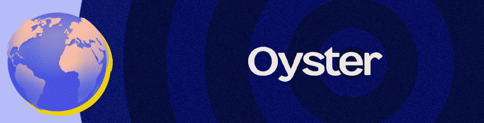 Oyster logo on blue background with globe graphic