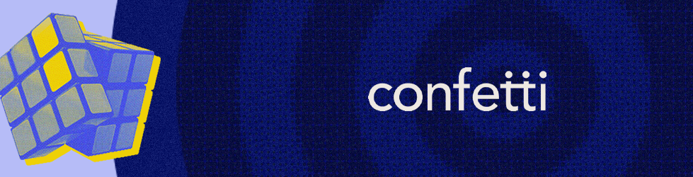 Confetti logo on blue target with Rubik's cube graphic