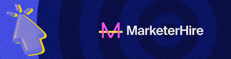 MarketerHire logo on blue target with cursor graphic