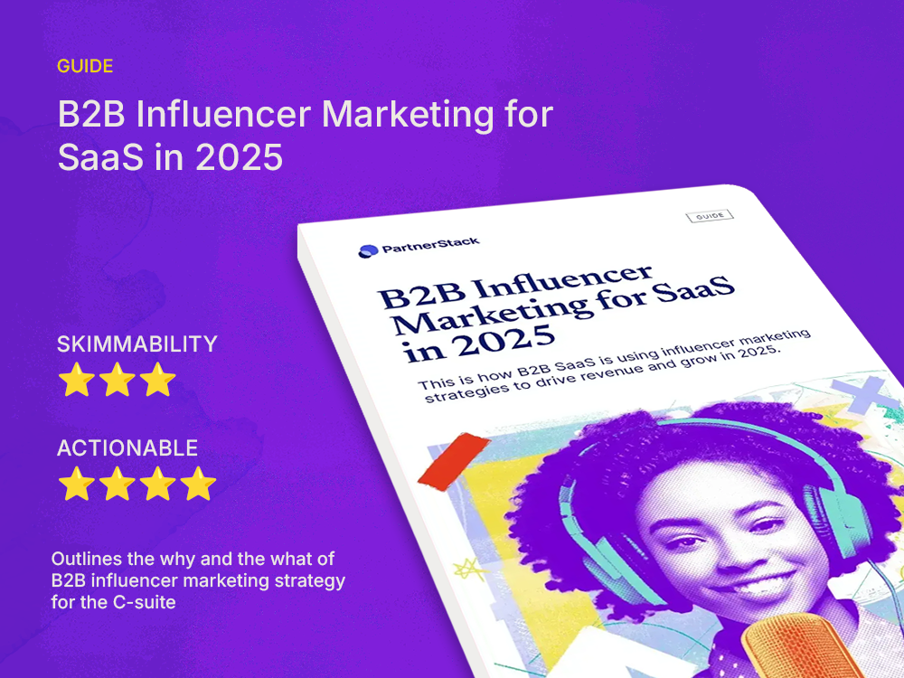Cover of B2B influencer guide on purple background with 3 stars for skimmability and 4 for actionable