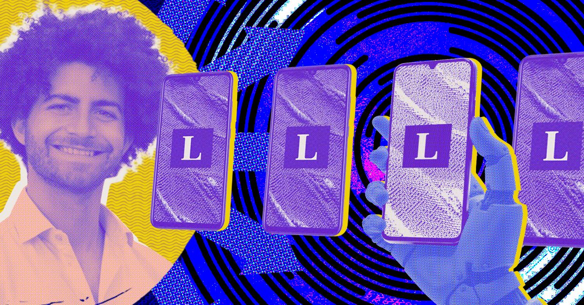 Headshot of Marco Fazio, a white man with curly brown hair, with a graphic of phones with the Latently AI logo on their screens