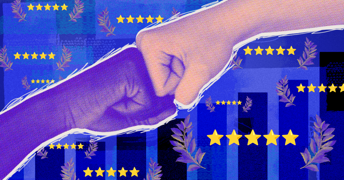 Two hands fist-bumping on blue background with five-star ratings also shown