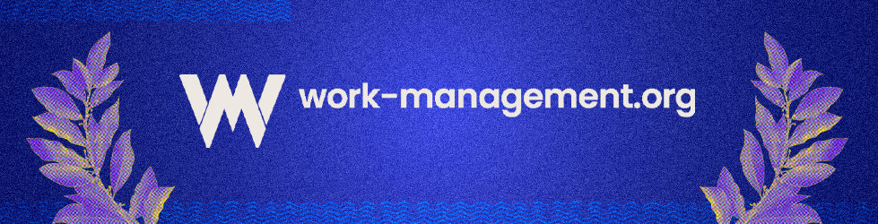Work-management.org logo on blue background with laurel-leaf graphics