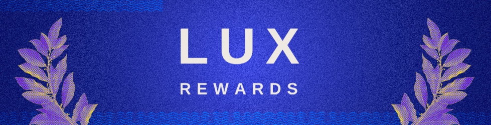LUX Rewards logo on blue background with laurel-leaf graphic