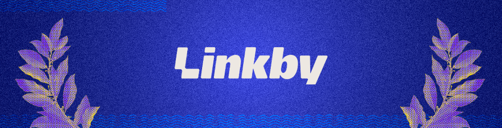 Linkby logo on blue background with laurel-leaf graphic