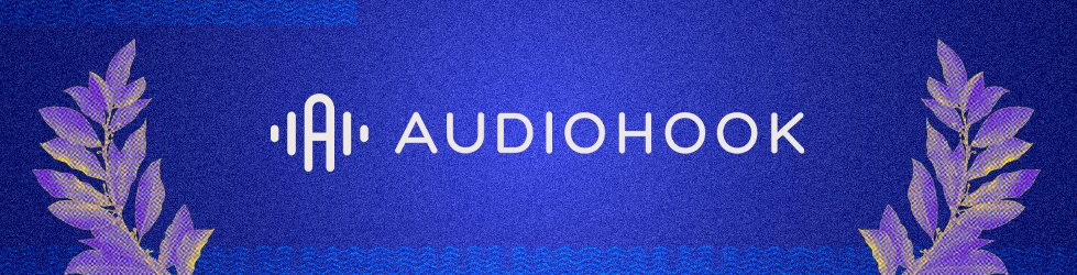 Audiohook logo on blue background with laurel-leaf graphic