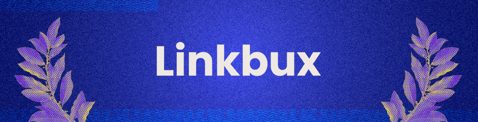 Linkbux logo on blue background with laurel-leaf graphic