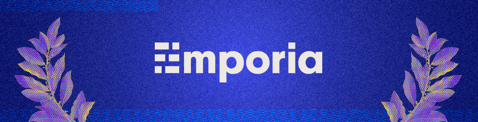 Emporia logo on blue background with laurel-leaf graphic