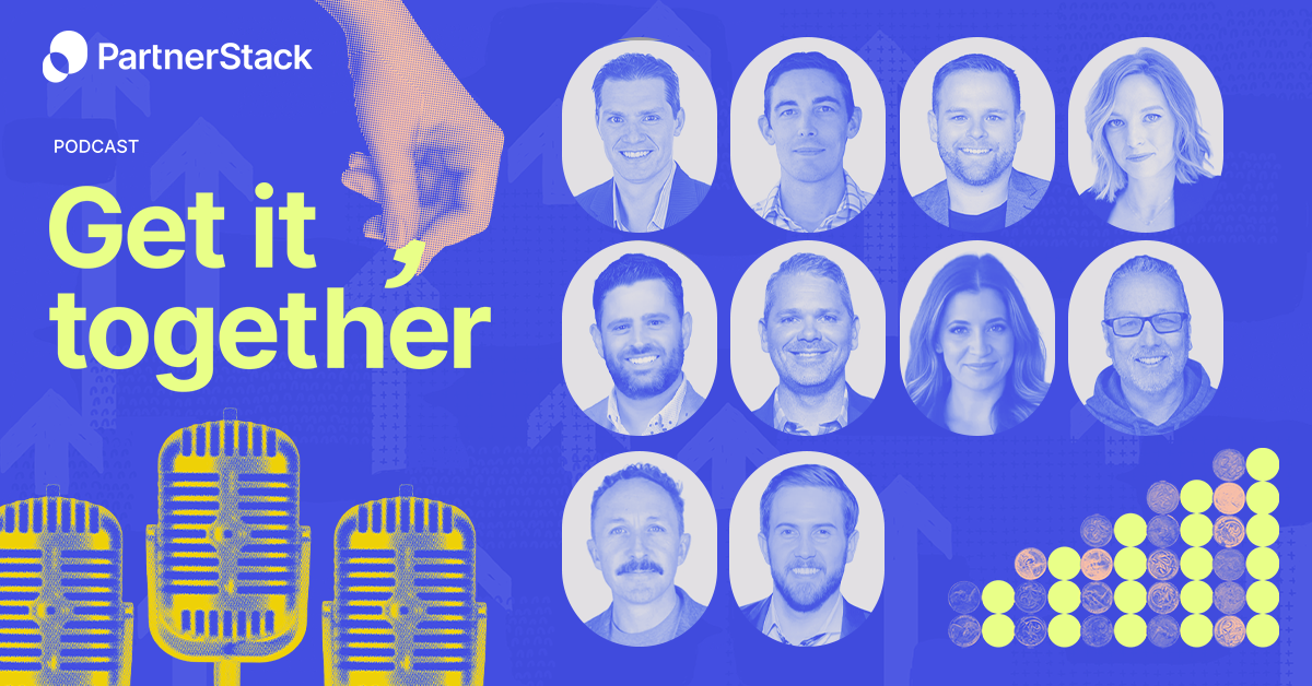 Headshots of 10 podcast guests against a blue background and green text reading Get It, Together