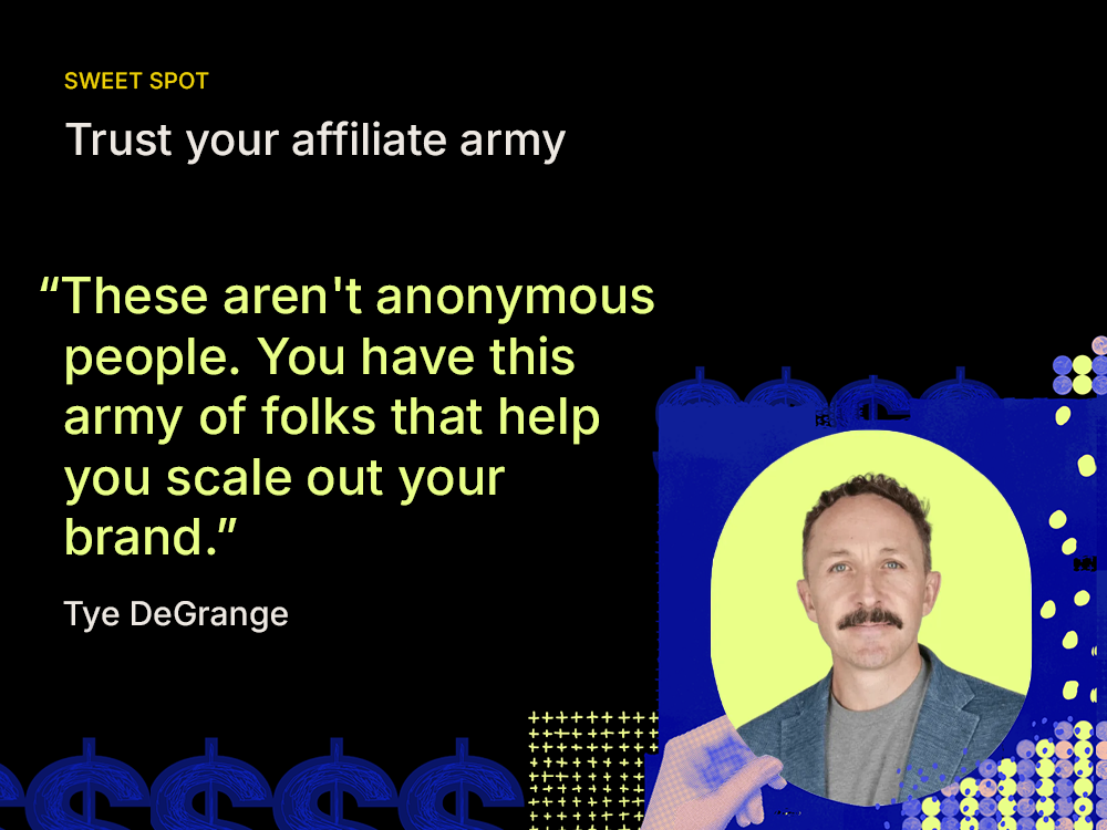 Tye DeGrange headshot with quote on black and blue background