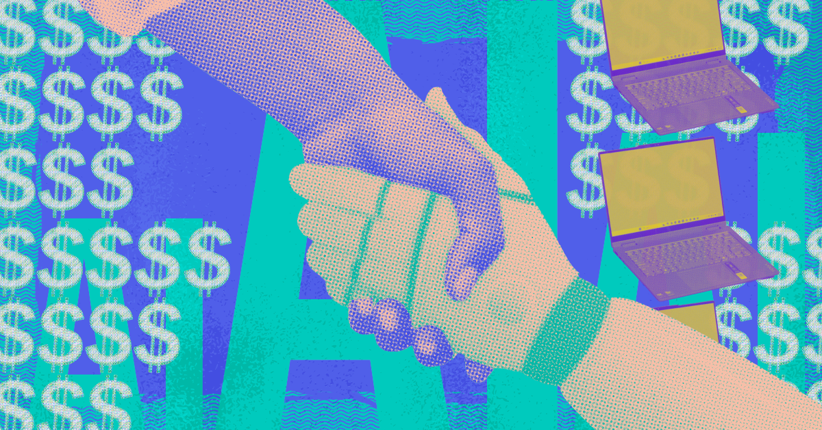 Human hand shaking a robot hand on blue background with dollar sign graphics