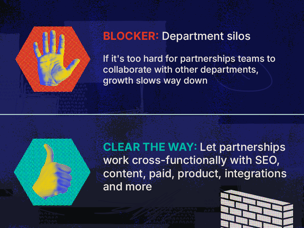 Hand held up and hand with thumbs up with copy about department silos as a blocker