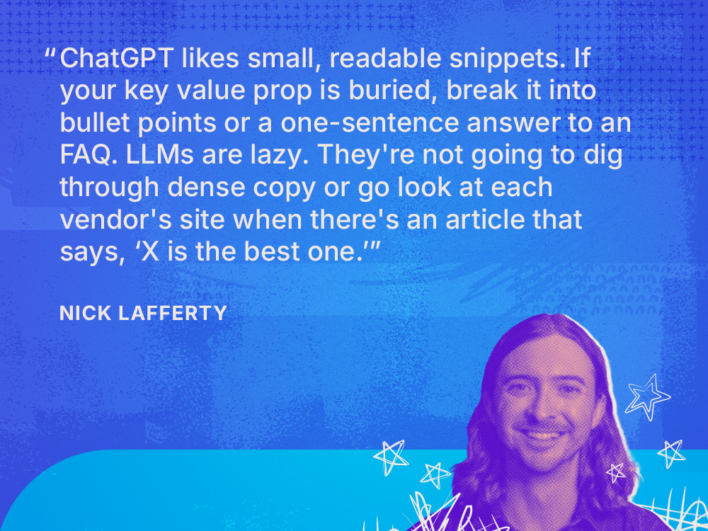 Headshot of Nick Lafferty on blue background with quote about ChatGPT liking readable snippets