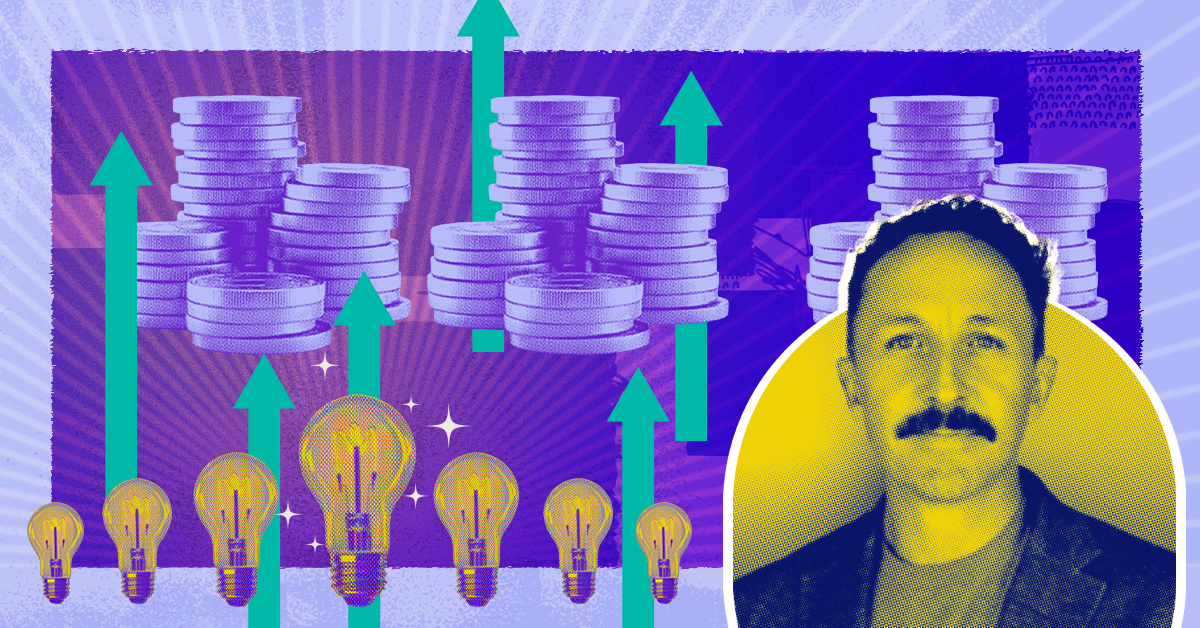 Headshot of affiliate and partnerships expert Tye DeGrange with images of light bulbs and coin stacks