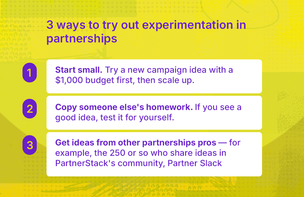List of 3 ways to try experimentation in partnerships on yellow background