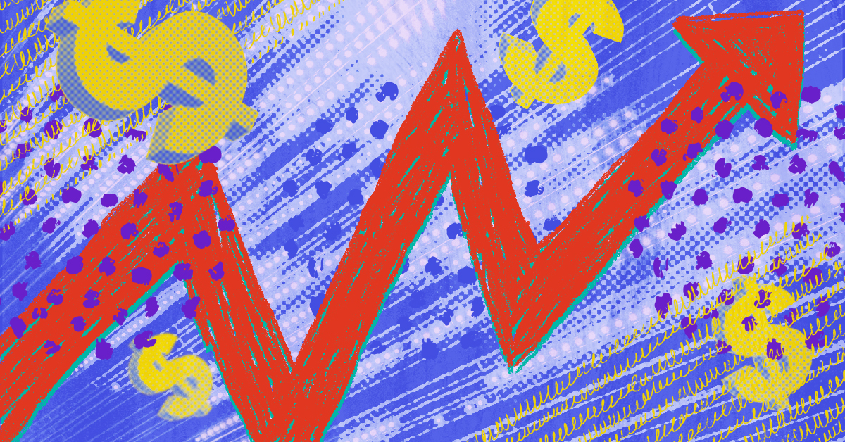 Yellow dollar signs and red chart arrow on blue background