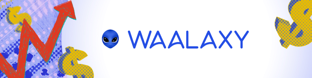 Yellow dollar signs and red chart arrow with Waalaxy logo