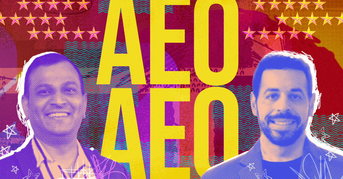 Headshots of Chandan Kumar and Jeremy Moser on red background with AEO text
