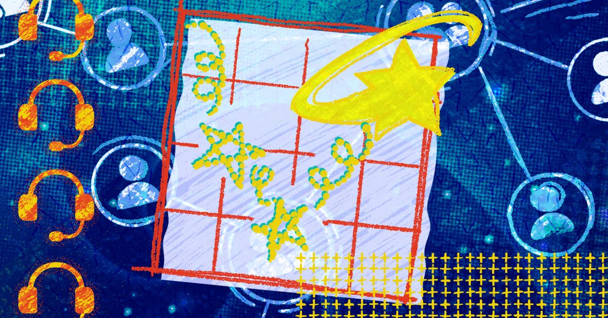 A grid with a hand-drawn star on it surrounded by headsets on a blue background