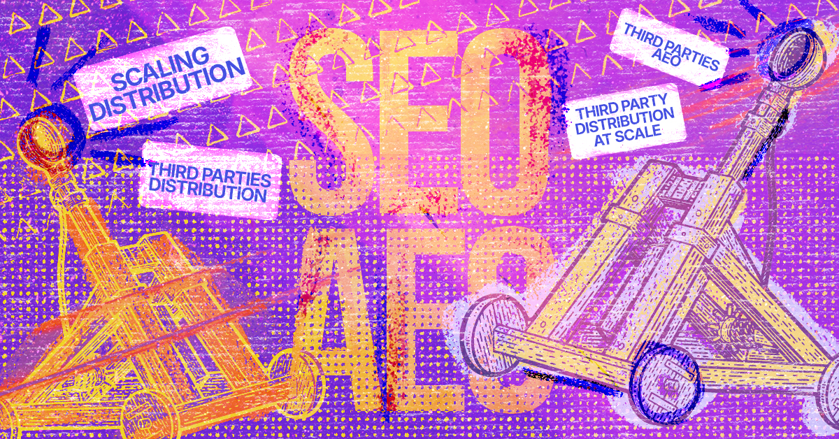 Two catapults flinging keywords at each other with the words SEO and AEO in the background