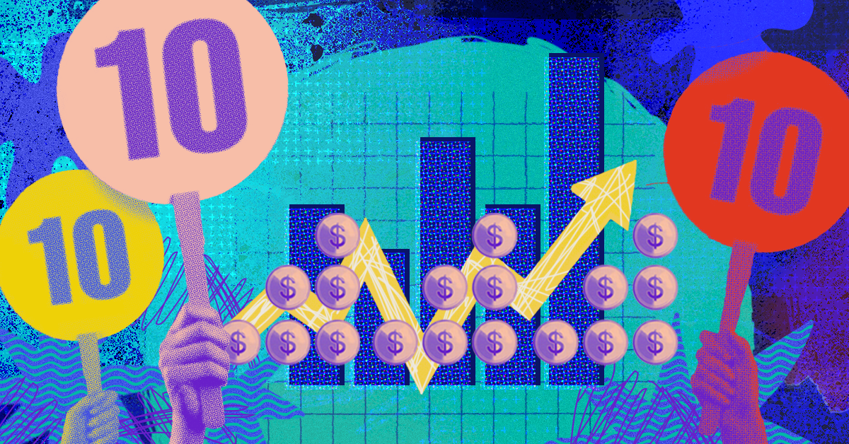 Scoring paddles with tens on them on a background of charts and arrows pointing up