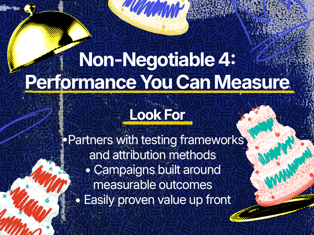 Layer cakes and silver platters on a dark blue background with text about non-negotiable number 4: measurable performance