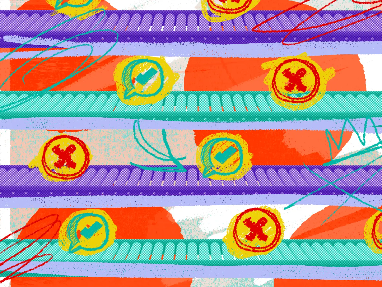 Checkmarks and X marks running along rows of conveyor belts