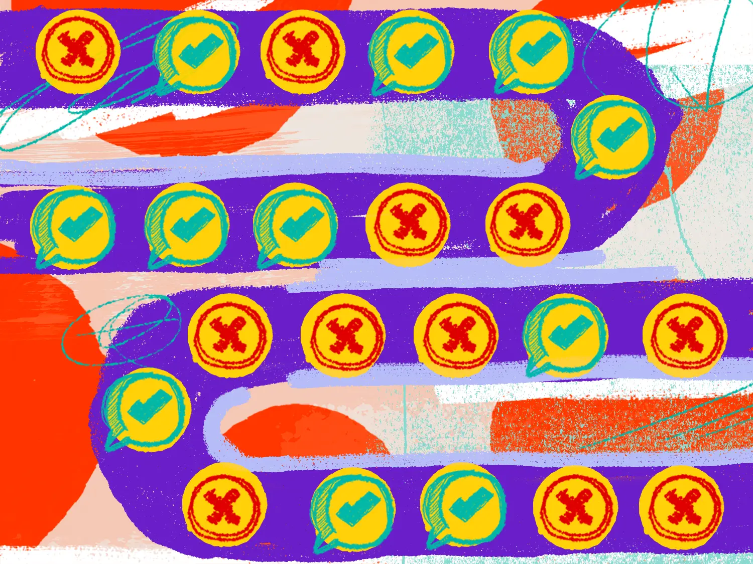 Checkmarks and X marks running along rows of conveyor belts