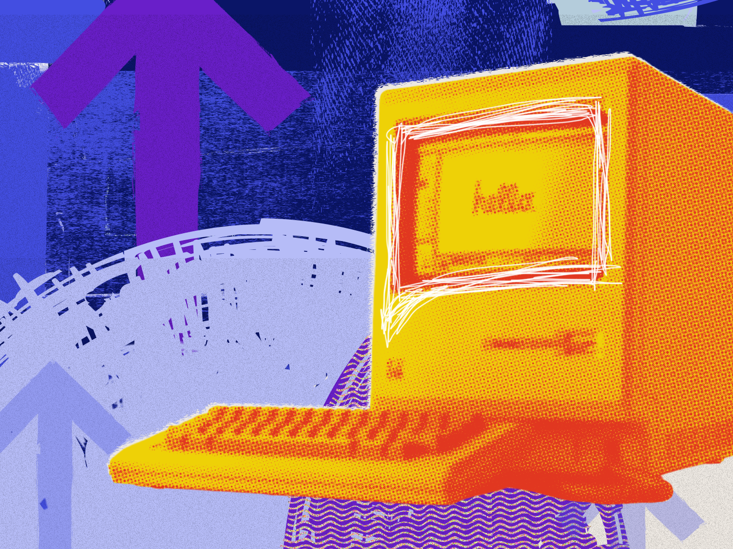 An old-fashioned desktop computer in front of an abstract background featuring arrows.