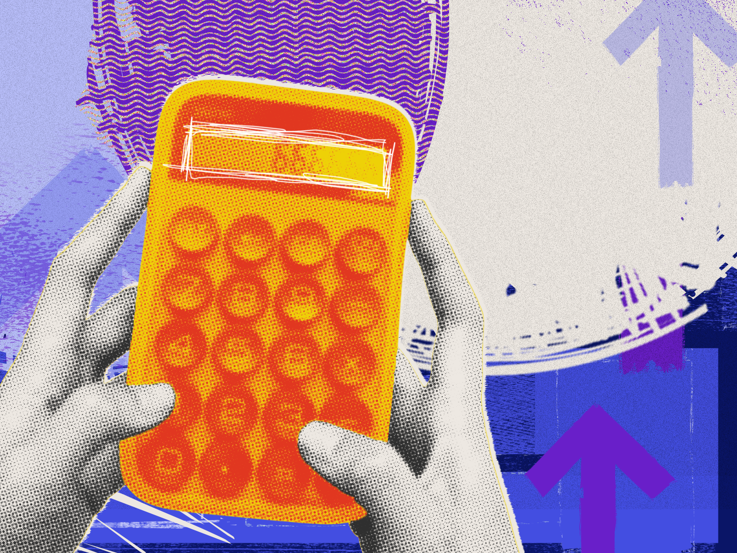 Hands using a calculator in front of an abstract background featuring arrows.