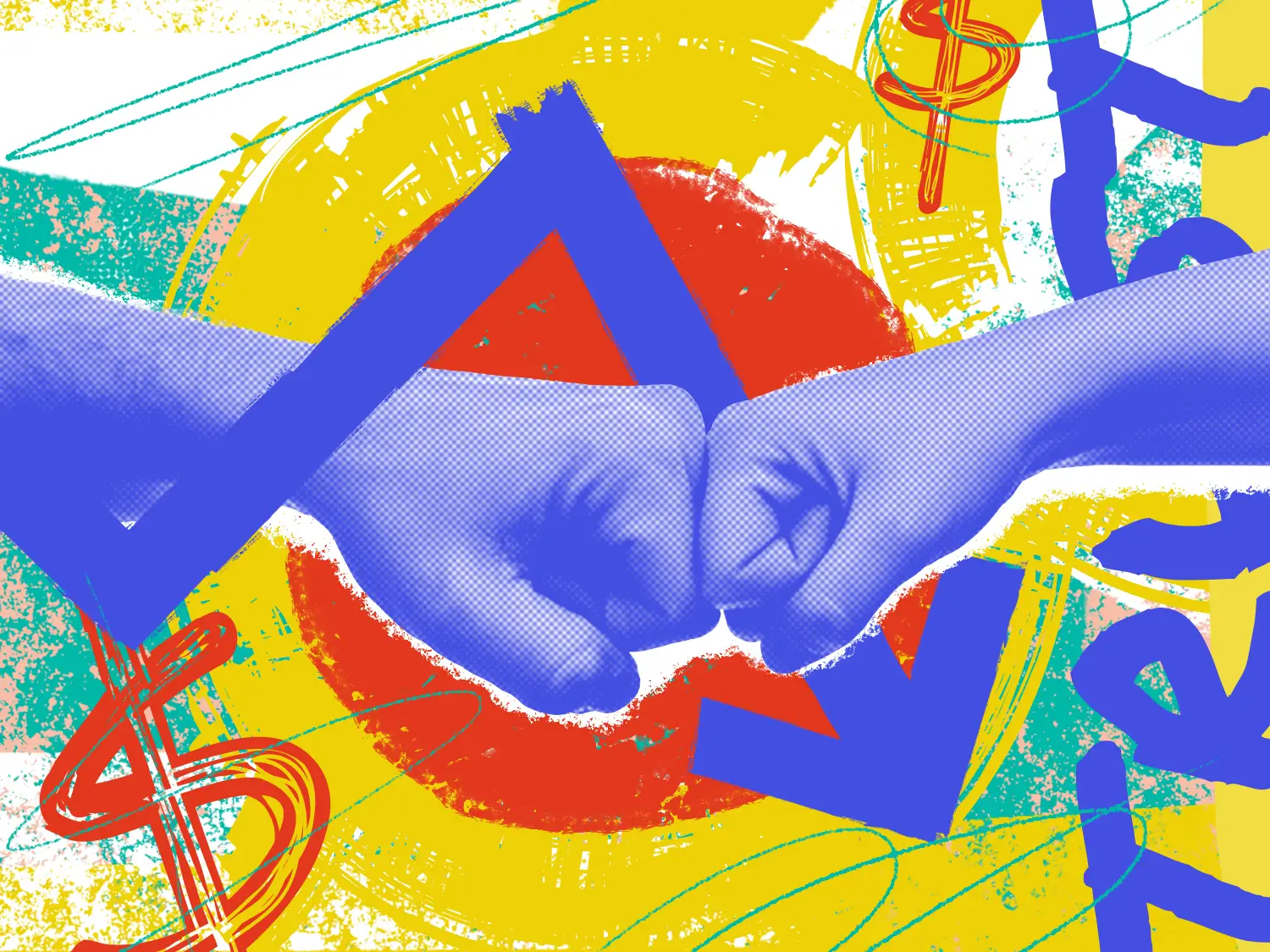 Two hands fist-bumping each other, while an arrow weaves around them, with money symbols in the background.