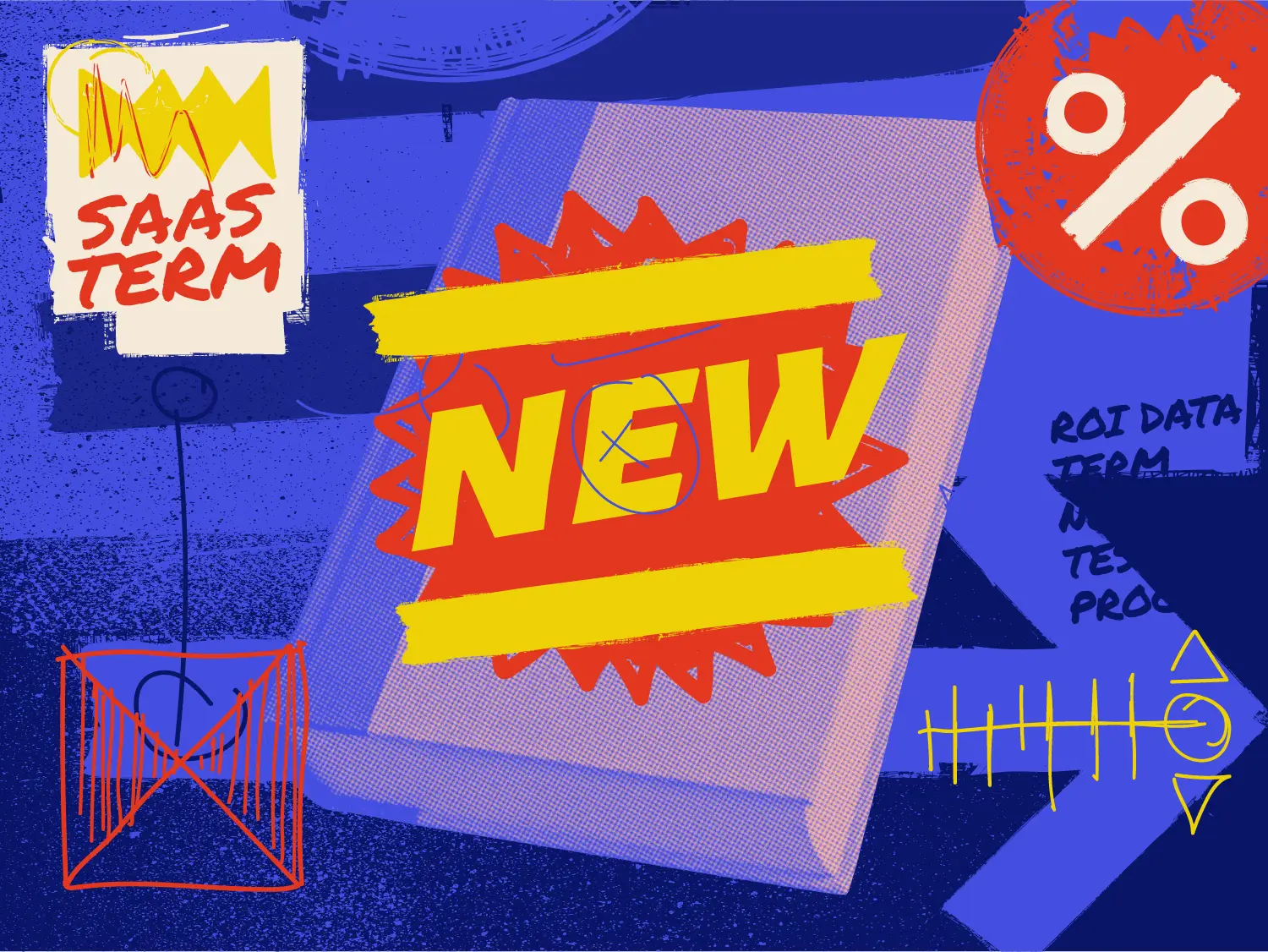 A collage of words like "New" and "SaaS Term" on a graffiti-style graphic background.