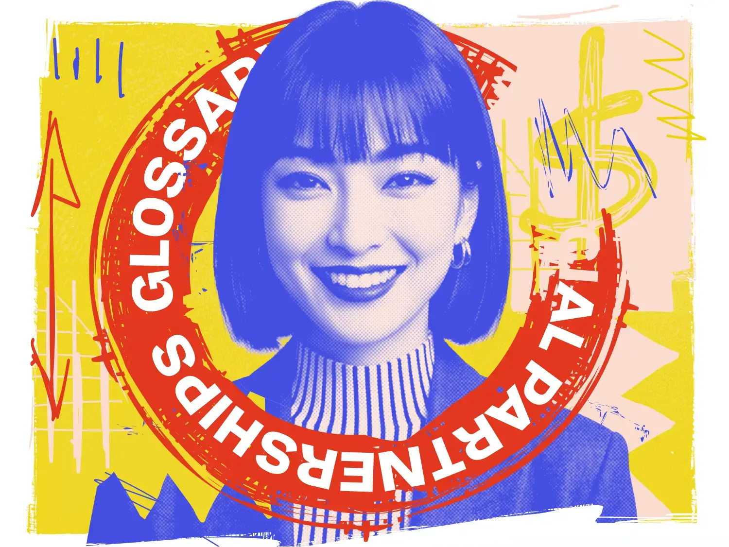 A smiling woman with short hair and hoop earrings in front of a graffiti-style background and the words "Partnerships Glossary."