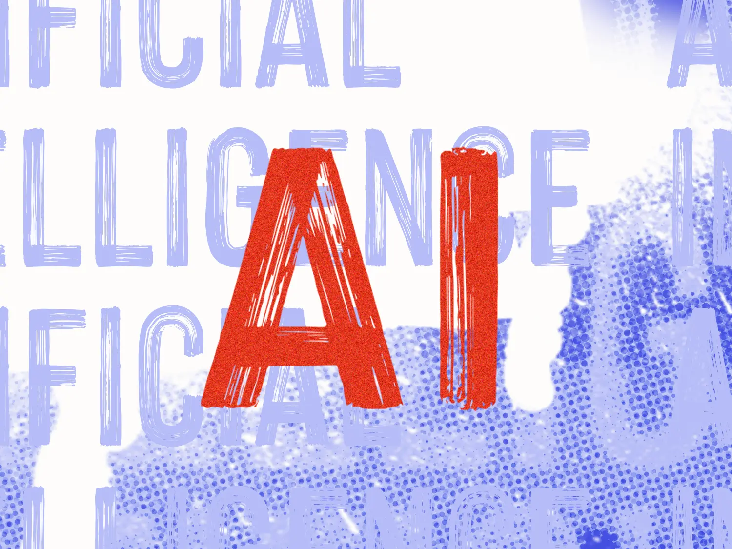 The word "AI" in bright red against an abstract background with other words like "artificial intelligence" cut off.