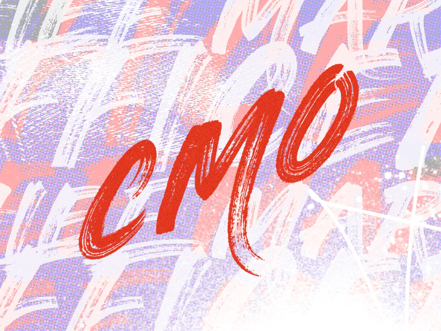 The word "CMO" in bright red over an abstract background of words "chief marketing officer,"