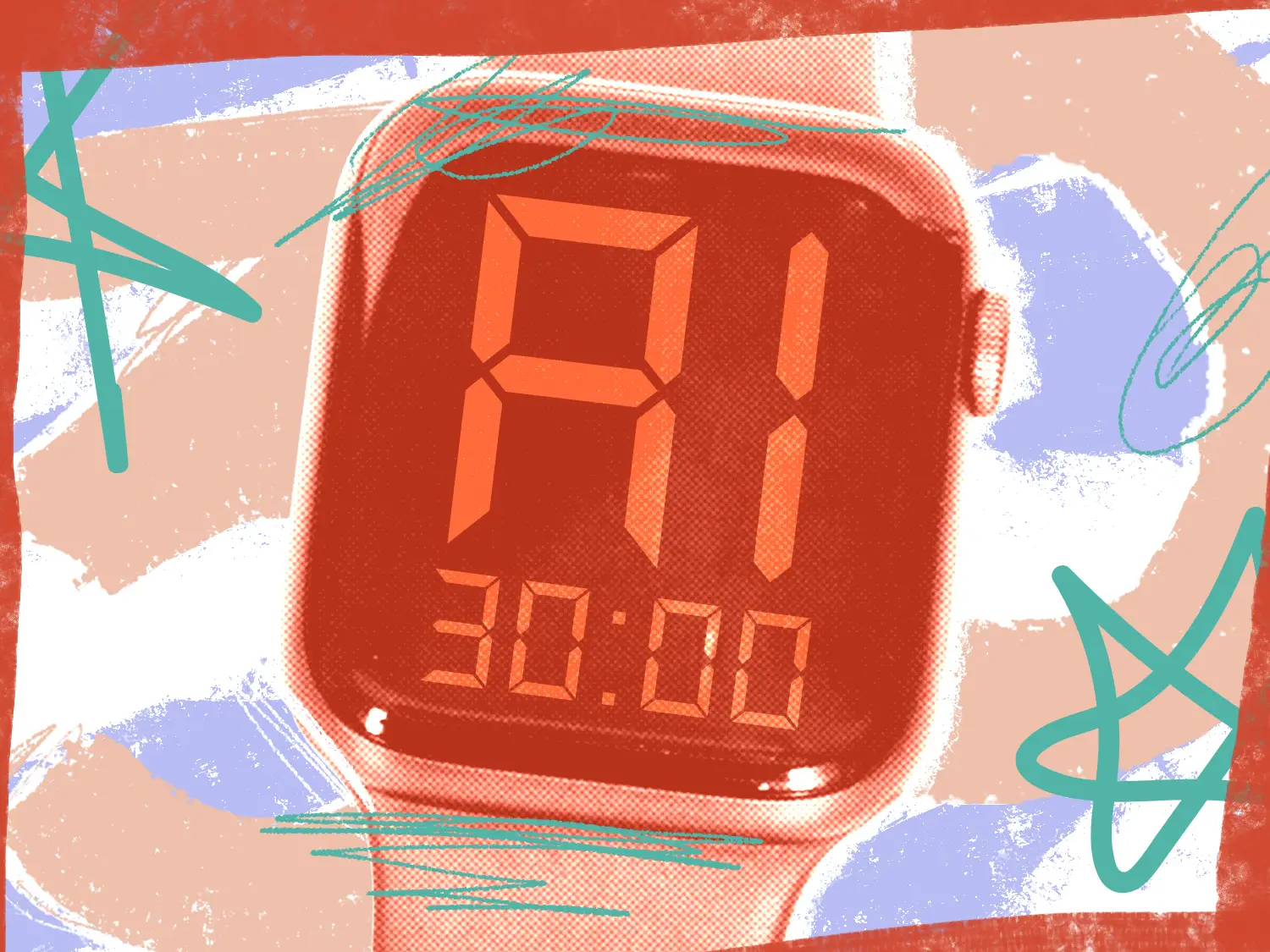 A digital watchface showing "AI 30:00" in front of an abstract graffiti- style background.