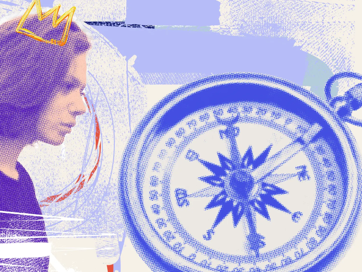 A person with a graphic of a crown over their head looks toward the center of the image at a graphic of a compass.