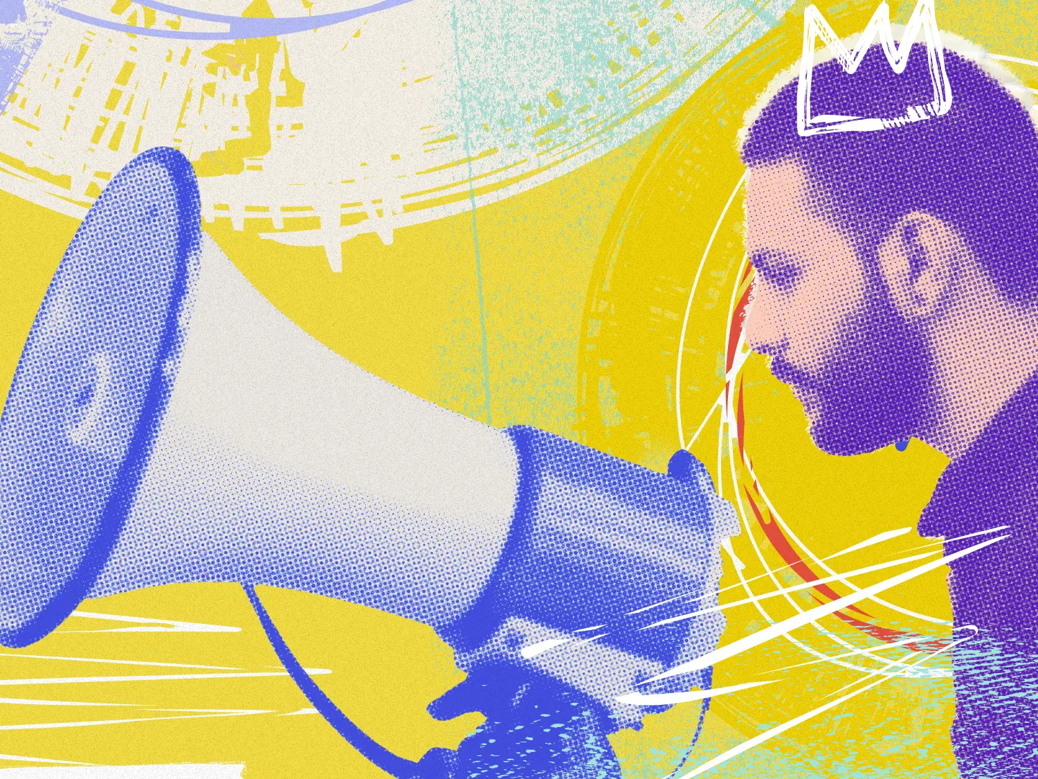 A megaphone and a person with a beard and graphic crown in front of a colorful abstract background.