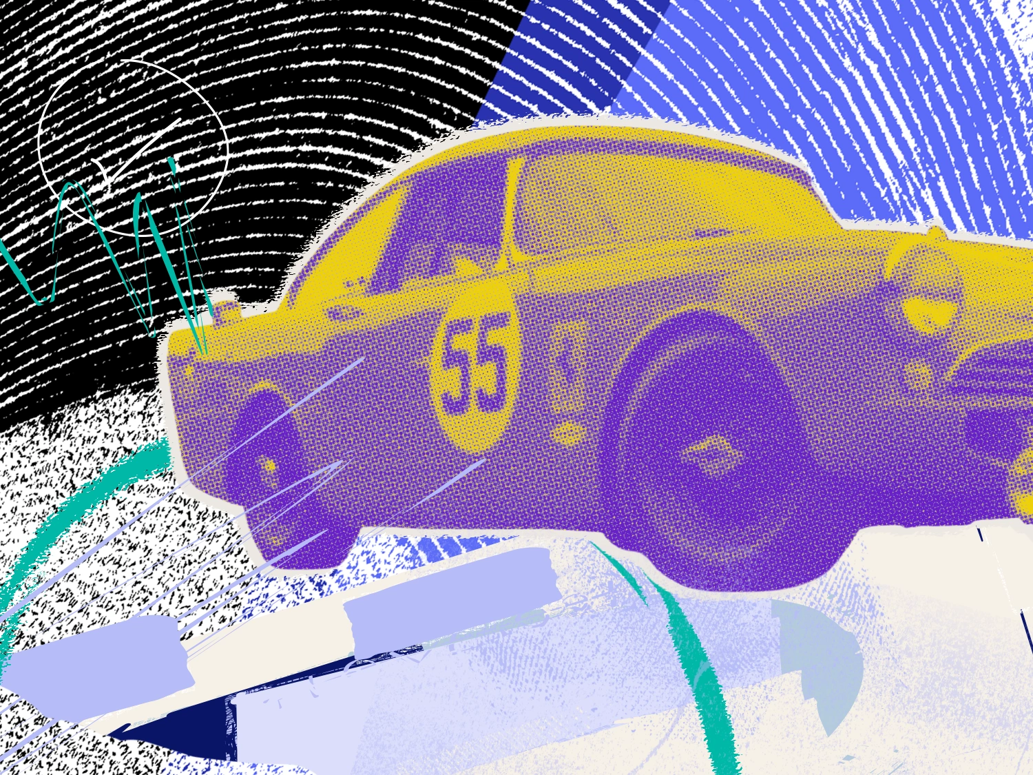 A racecar in front of an abstract backgrounds.