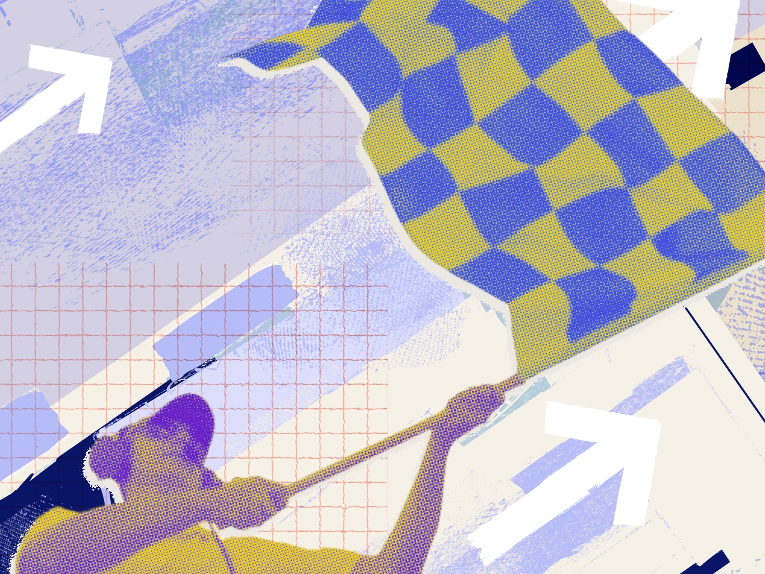 A person waves a checkered flag in front of an abstract background.