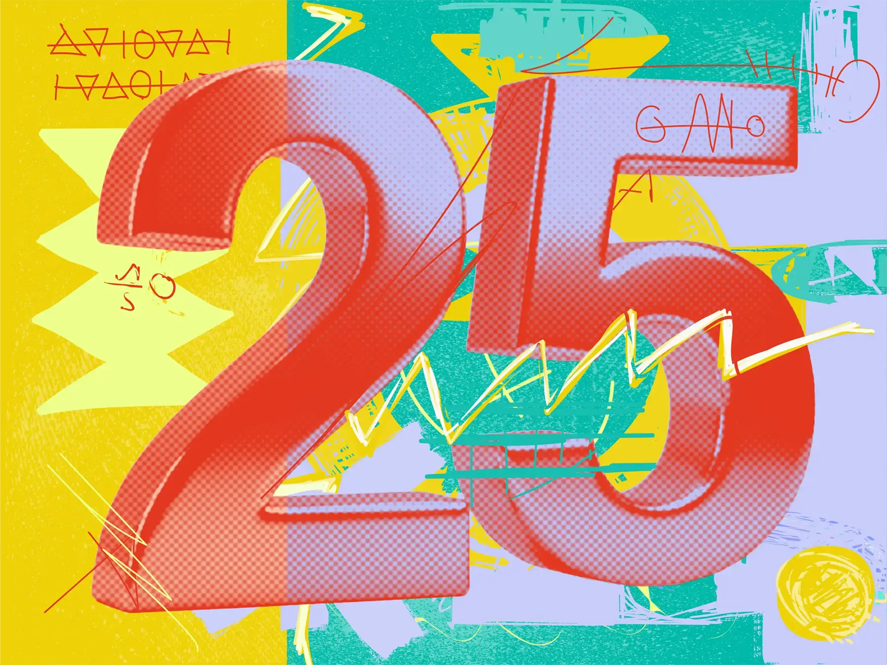 A bold red, stylized "25" over a colorful graffiti-style background.