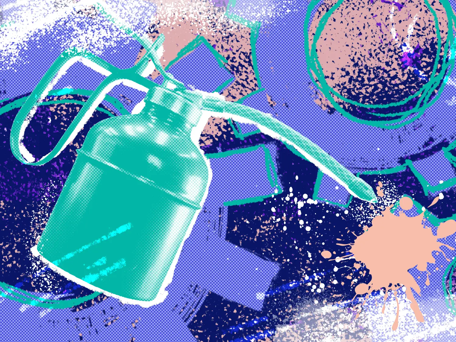 A gas can in front of a colorful abstract background.
