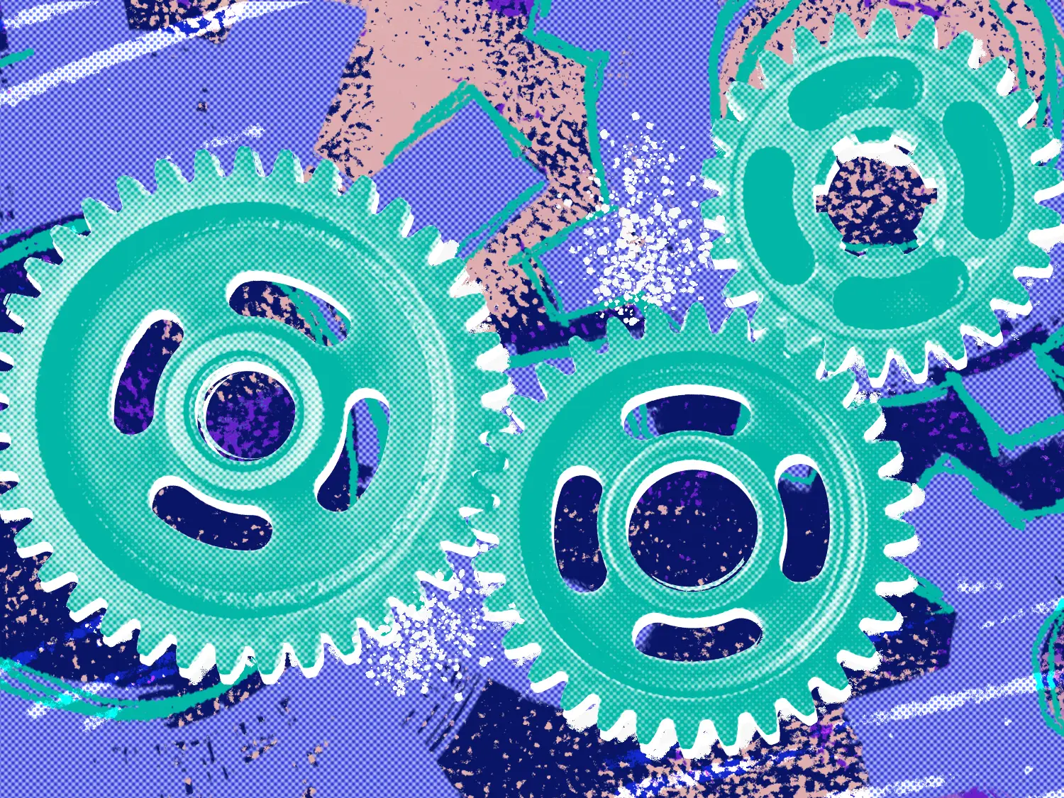 Three gears in front of a colorful abstract background.