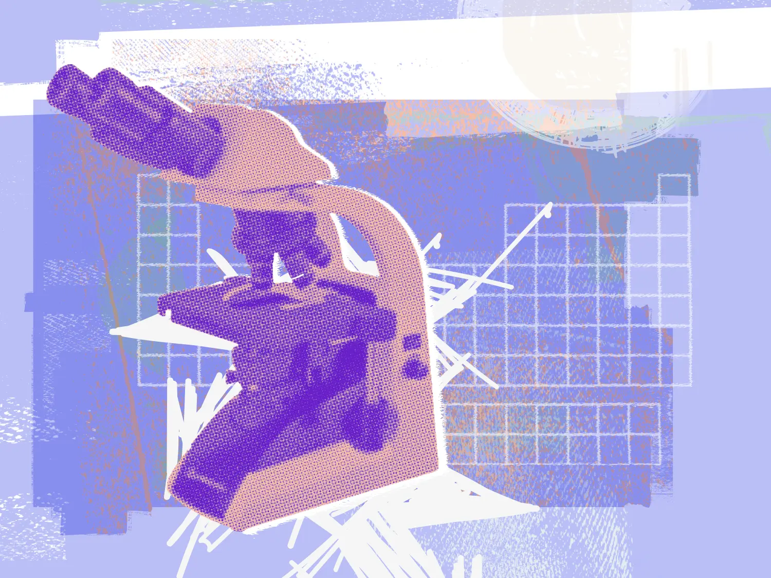 A lab microscope in front of an abstract background.