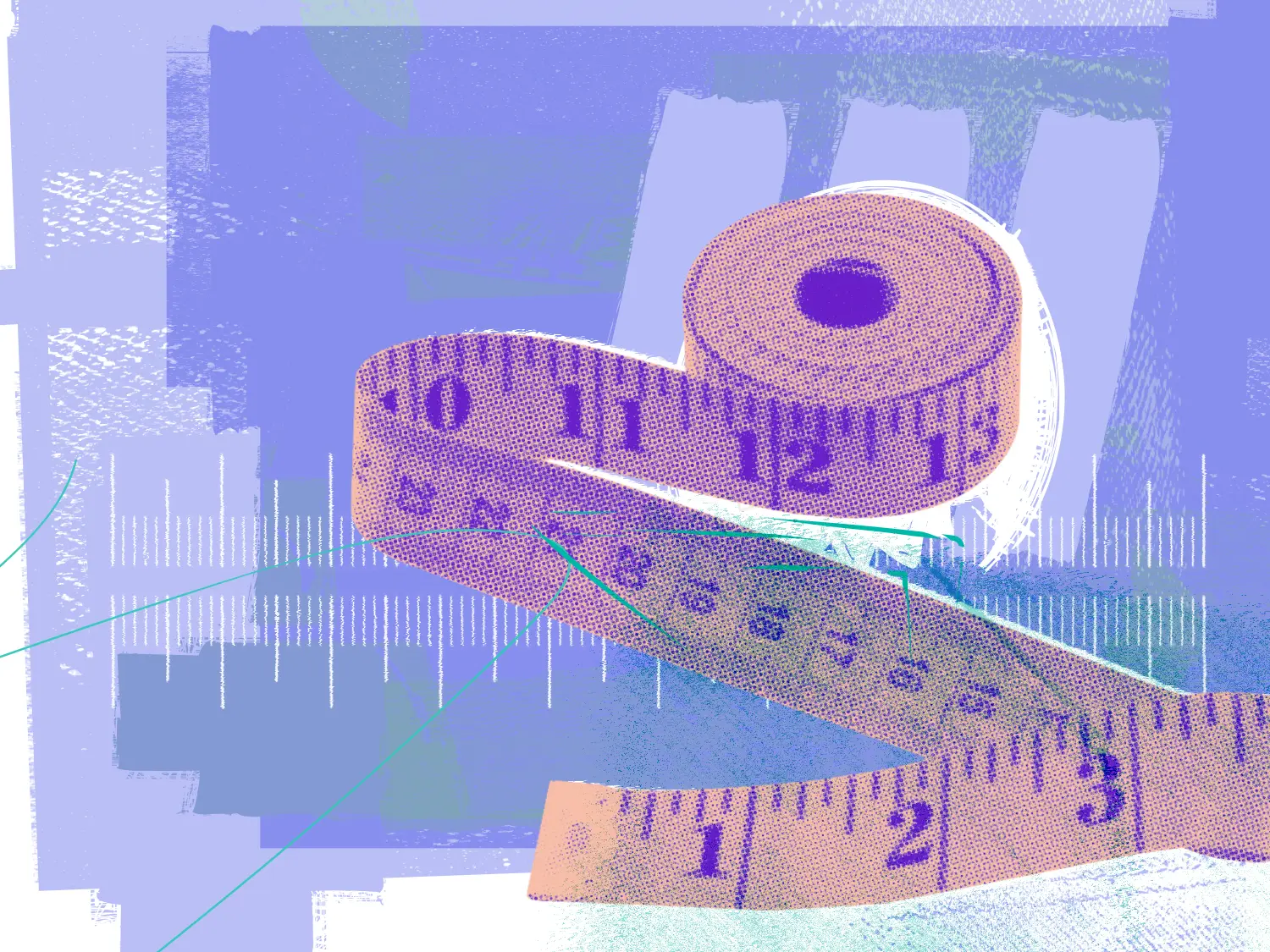 A measuring tape in front of an abstract background.